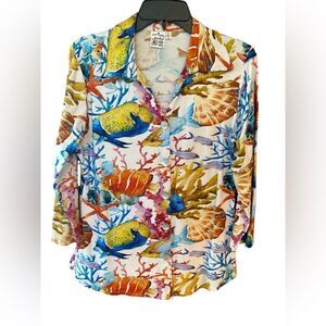Parsley & Sage Sz S Tropical Underwater Fish Print Artistic Collar Button Shirt